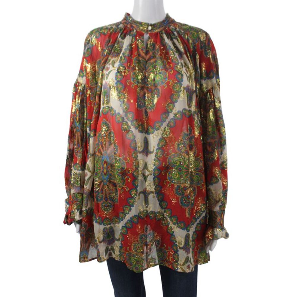 Etro Womens Paisley Silk Tunic Blouse High Neck Long Sleeve Multicolor Size 48